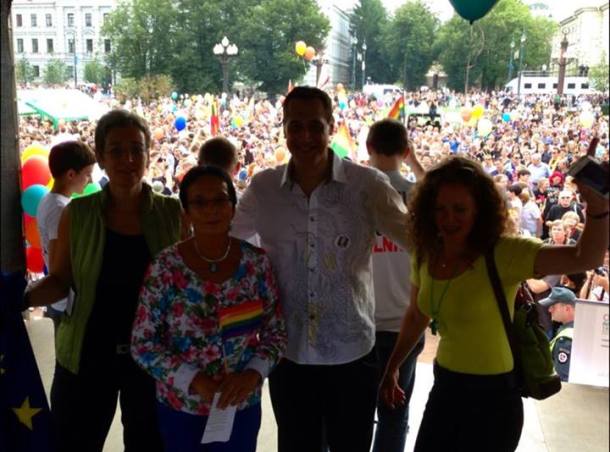 Stuart Milk's Facebook Page View right now from the stage at Baltic Pride - Hope winning over hate . The eggs that hit us were at least fresh - they could have thrown rotten one With the MEPs — at Vilnius Old Town.