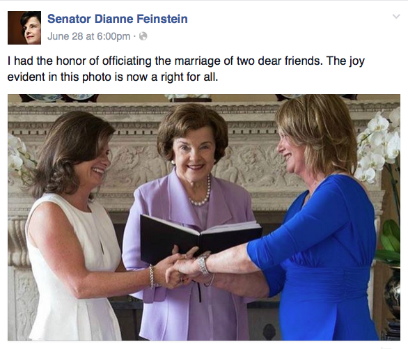 Sen. Feinstein officiates at   same-sex couple friends wedding.